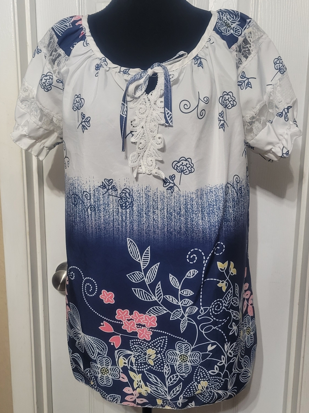 Women's Navy and White Floral Peasant Top
